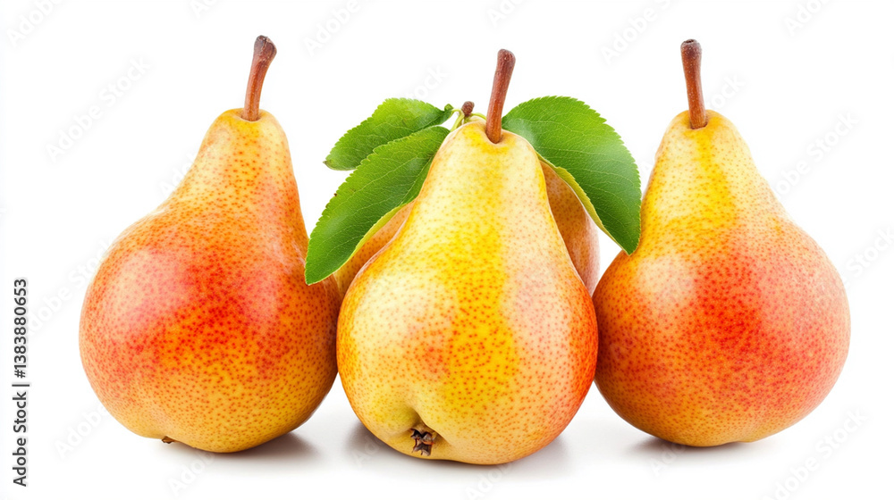 Three ripe pears with green leaves isolated on white background. Three ripe pears with green leaves isolated on white background.