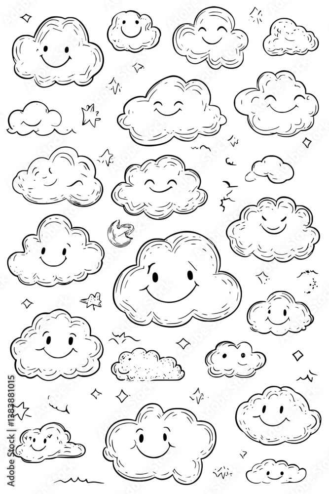 Obraz premium Collection of Clouds with smiley faces coloring book vector designs, Clouds with smiley faces illustration art