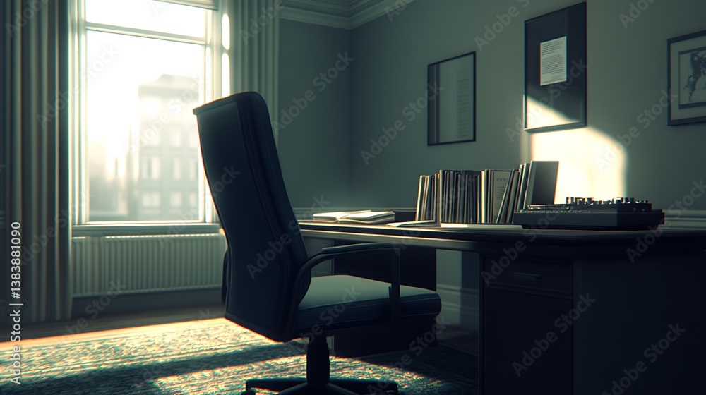 Sunlit Office Workspace with Chair and Records Sunlit Office Workspace with Chair and Records