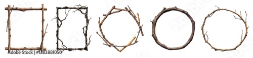 Set of twigs branches wooden rustic sign frame wood on transparent background cutout, PNG file. Many assorted different Mockup template for artwork design	
