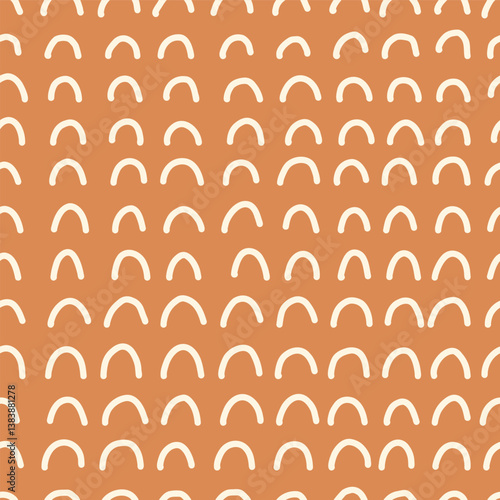 Bohemian baby seamless pattern. Boho print for kids with dots and small dashes. Gender Neutral Nursery Cute Ornament. Vector illustration in flat cartoon style. Terracotta simple abstract background