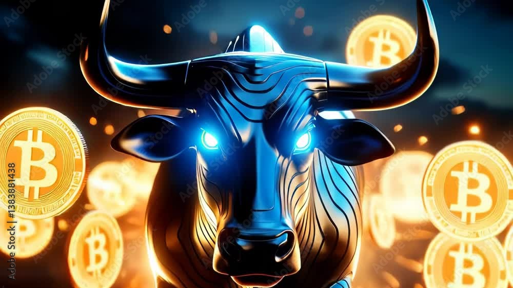 A fierce bull charging through golden Bitcoin coins. Symbol of a bullish crypto market trend, strength, and financial momentum.