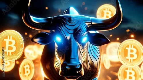 A fierce bull charging through golden Bitcoin coins. Symbol of a bullish crypto market trend, strength, and financial momentum.