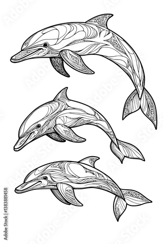 Collection of Dolphins coloring book vectors, Dolphins illustration art