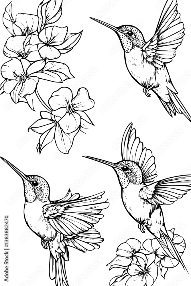 Naklejka premium Collection of Hummingbirds coloring book vectors, Hummingbirds illustration art