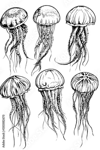 Collection of Jellyfish coloring book vectors, Jellyfish illustration art