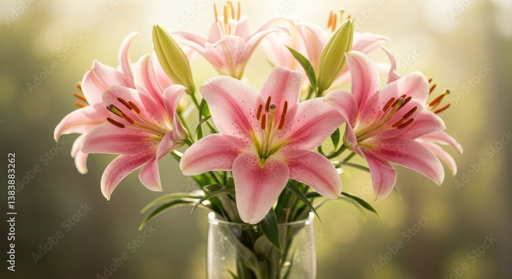 Fototapeta premium Pink and White Lilies Blooming in Sunlight - A bouquet of pink and white lilies bathed in sunlight symbolizes purity, beauty, elegance, love, and hope. A perfect for spring or summer themes