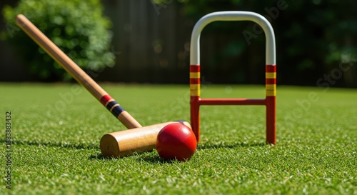 A croquet mallet ball and wicket set up on a green lawn ready for a game in the backyard