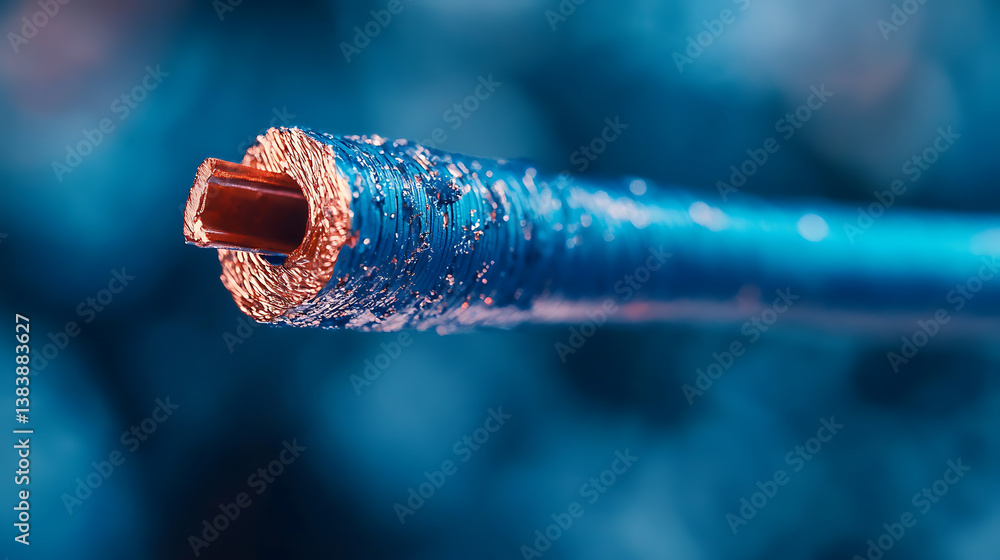 Obraz premium Close-up macro view of a single core, blue, stranded, insulated copper electrical conductor