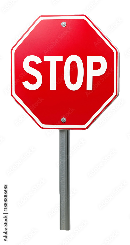 Red STOP Sign on Metal Pole, Isolated on White Background Red STOP Sign on Metal Pole, Isolated on White Background