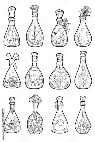 Collection of Potion bottles coloring book vector designs, Potion bottles illustration art