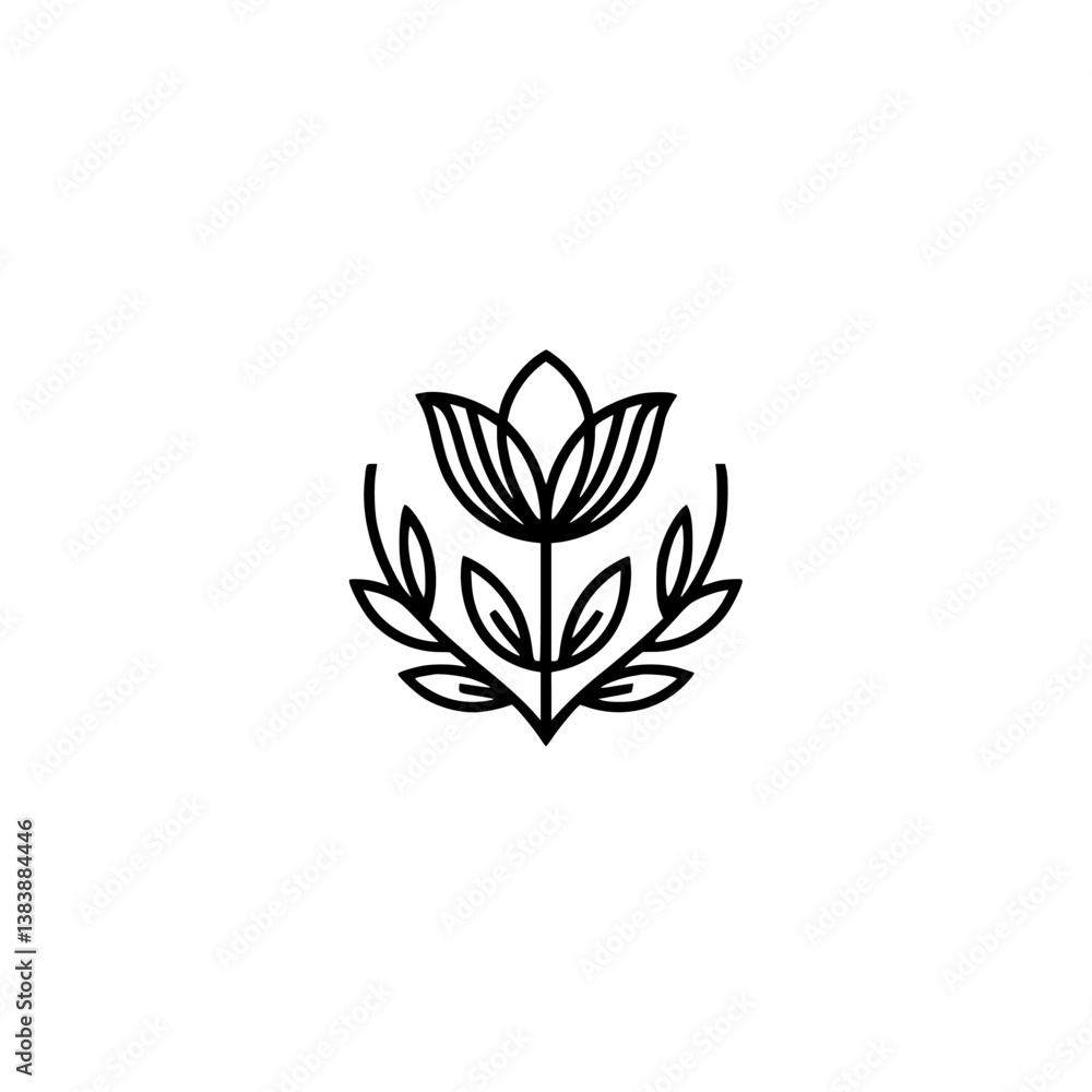 Fototapeta premium Minimalist Floral Logo: Elegant Black Outline, White Background