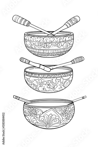 Collection of Singing bowls coloring book vector designs, Singing bowls illustration art
