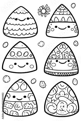 Collection of Smiling onigiri coloring book vector designs, Smiling onigiri illustration art