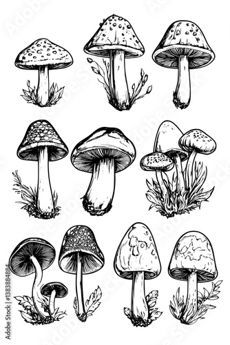 Collection of Toadstools coloring book vector designs, Toadstools illustration art