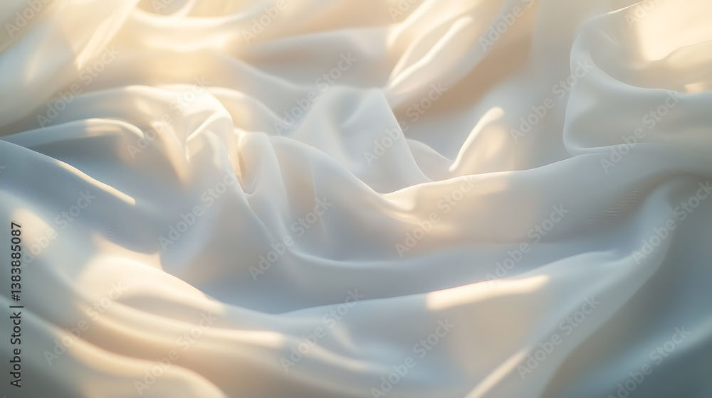 Close up of clean, white soft drapery sheer fabric curtain drapes in beautiful sunlight in luxury bedroom Close up of clean, white soft drapery sheer fabric curtain drapes in beautiful sunlight in luxury bedroom