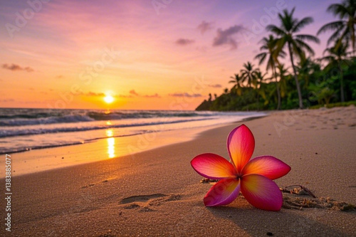 Fototapeta Naklejka Na Ścianę i Meble -  Tropical beach at sunset with a vibrant plumeria flower in the sand, calm ocean waves, golden sunlight, and silhouettes of palm trees in the background.

