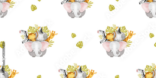 Canvas Print Group of African jungles animals elephant, hippo, monkey, zebra, giraffe, toucan and tropical leaves