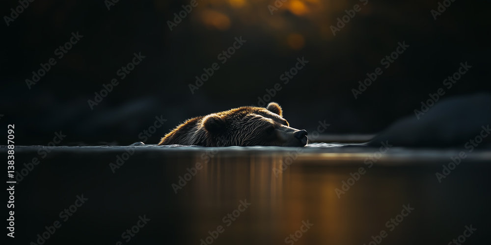 Grizzly bear relaxing in river. Shallow depth of field.