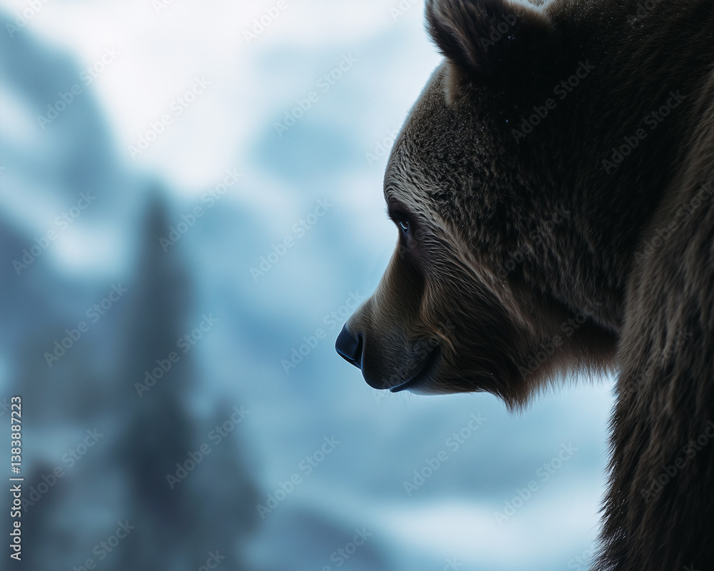 Close-up of head of a grizzly bear in soft light during winter.