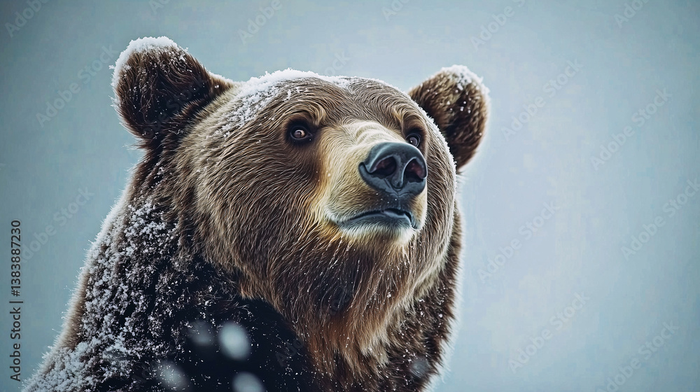 Close-up of head of a grizzly bear in soft light during winter.