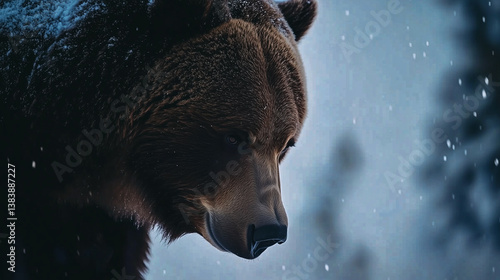 Close-up of head of a grizzly bear in soft light during winter.
