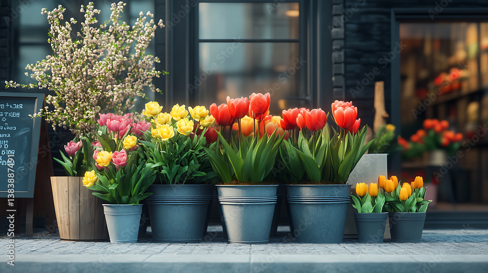 Fototapeta premium Colorful tulips flowers in pots on the street in front of a store