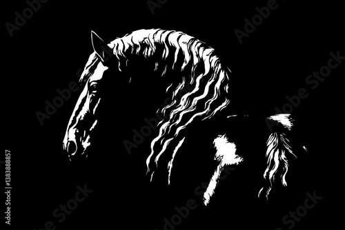 Silhouette of a heavy horse with flowing mane in profile on black background