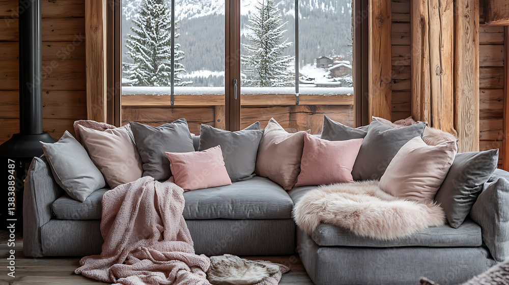 Fototapeta premium Cozy corner sofa with many grey and pink pillows and fur blankets, warm and inviting winter atmosphere, nordic, scandinavian home interior design of modern living room in chalet in mountains
