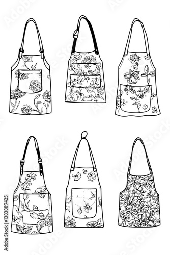Collection of Floral aprons coloring book vector designs, Floral aprons vector graphic