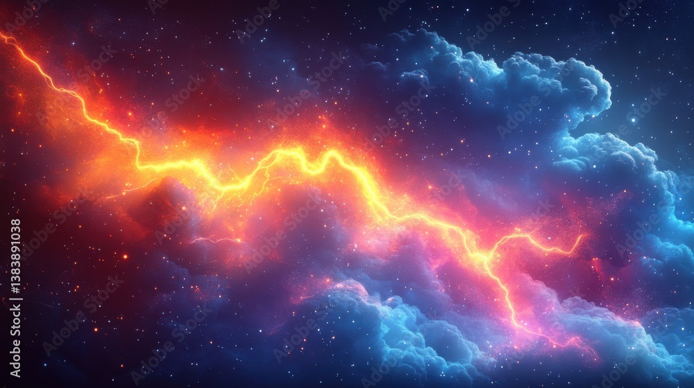 Fototapeta premium Vibrant cosmic lightning illuminates the night sky over colorful nebula clouds