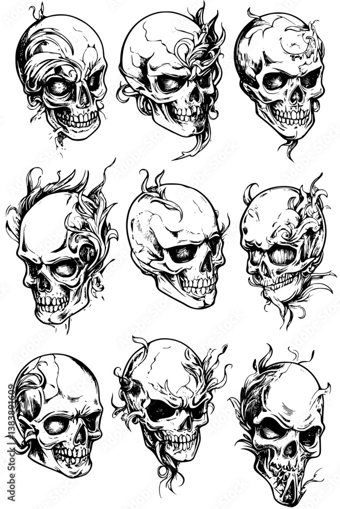 Fototapeta premium Collection of Skull rings coloring book vector designs, Skull rings vector graphic