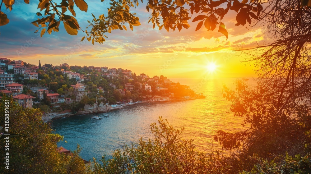 Obraz premium Spectacular Sunset over Coastal Town, Golden Hour Serenity