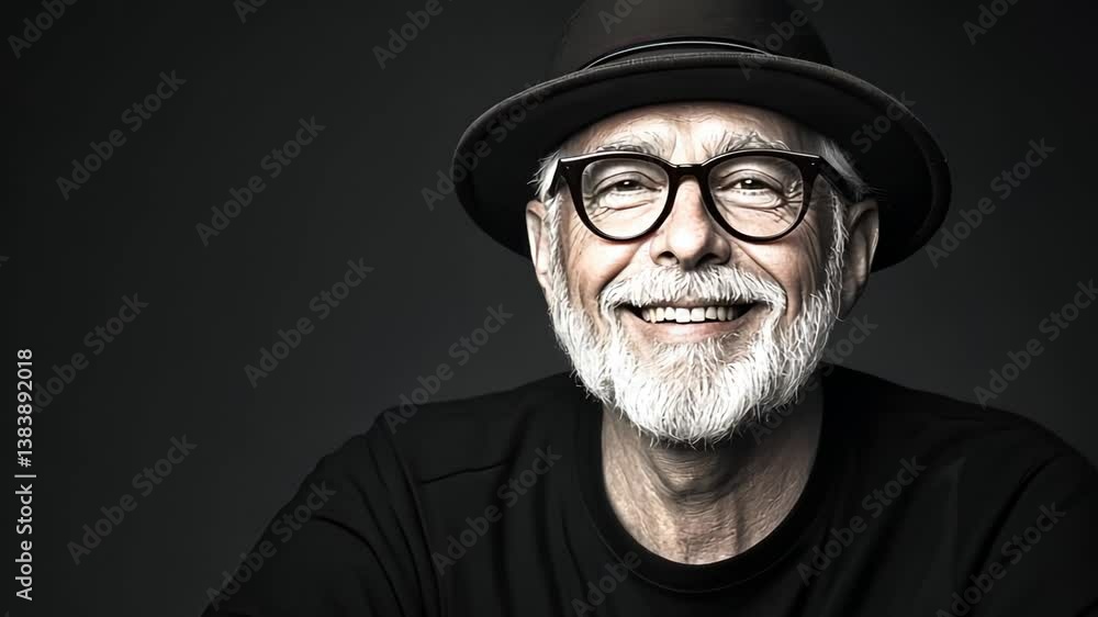 Joyful elderly man laughing with confidence in black hat and glasses Joyful elderly man laughing with confidence in black hat and glasses