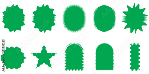 Sticker wavy shape mocha mousse colour, stamp rectangle, oval border icon, wave edge frame set. Star burst label, price tag corrugated, promo badge isolated on white background. Vector illustration