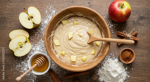 Wallpaper Mural Rustic Apple Muffin Batter in Wooden Bowl - Sweet apple muffin batter, honey, cinnamon, apples, and flour. Symbolizing autumn baking, homemade goodness, warmth, comfort food, and delicious treats Torontodigital.ca