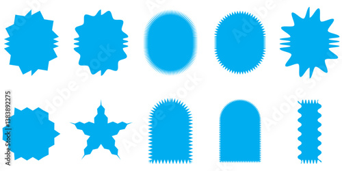 Sticker wavy shape mocha mousse colour, stamp rectangle, oval border icon, wave edge frame set. Star burst label, price tag corrugated, promo badge isolated on white background. Vector illustration