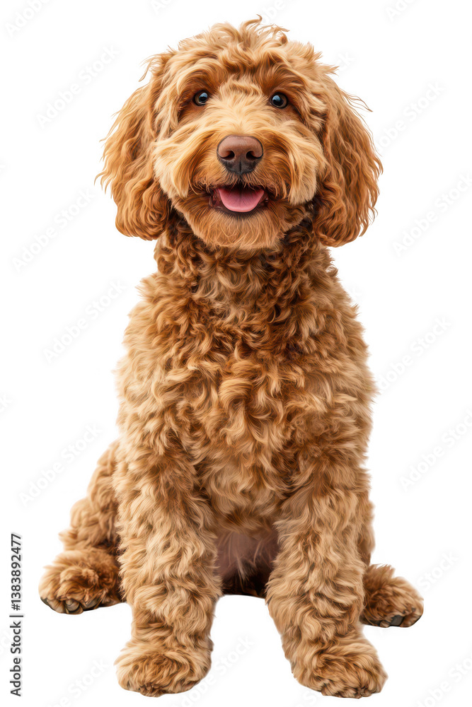 Playful golden doodle dog posed on pet photography isolated environment close-up perspective
