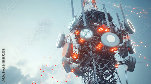 3d illustration of a telecom base station receiver with abstract digital connections, symbolizing modern telecommunications infrastructure