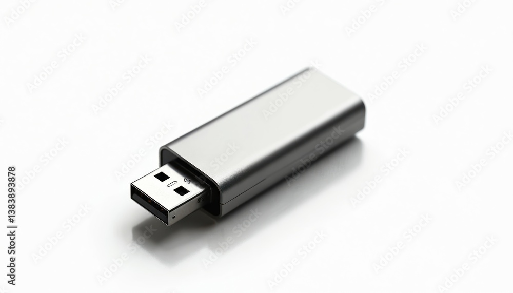 Isolated silver USB flash drive on white background. Minimalist tech design, perfect computer accessory for file storage, data transfer. Modern streamline look, ideal for digital content, computer Isolated silver USB flash drive on white background. Minimalist tech design, perfect computer accessory for file storage, data transfer. Modern streamline look, ideal for digital content, computer