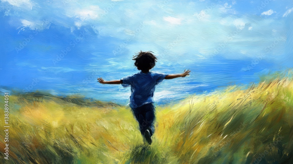 Boy Running Joyfully Through Golden Fields Under a Bright Sky Boy Running Joyfully Through Golden Fields Under a Bright Sky