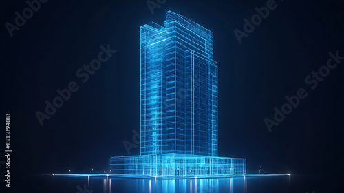 Fototapeta Naklejka Na Ścianę i Meble -  A blue hologram of modern highrise building on dark background with glowing lines and white buildings construction engineering concept, real estate business or digital