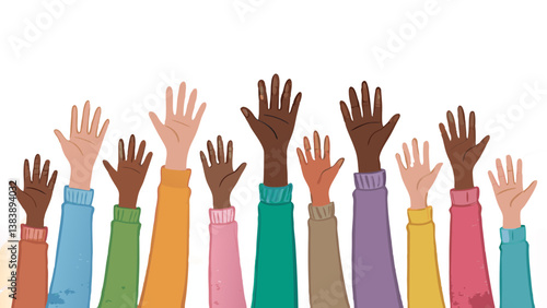 Colorful illustration of diverse hands raised together in support, symbolizing equality, diversity, and community strength