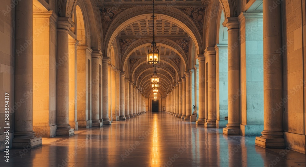 Obraz premium Serene Colonnade: A Long Archway of Light and Shadow - Majestic architecture, warm and cool light interplay, reflective floor, symmetrical perspective, sense of grandeur and serenity