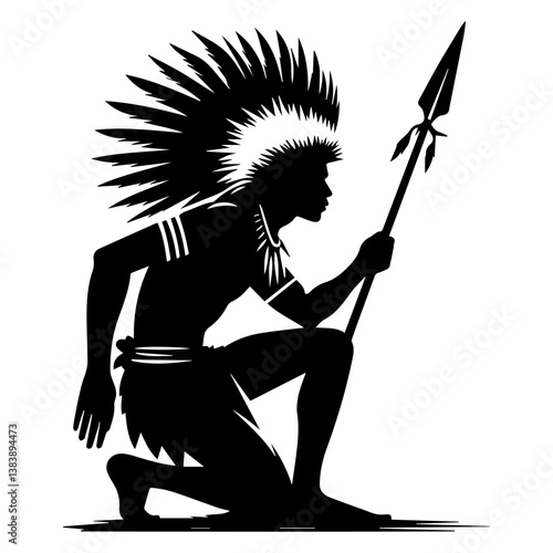 A black and white silhouette of an Indian on a white isolated background. Vector graphics. EPS.