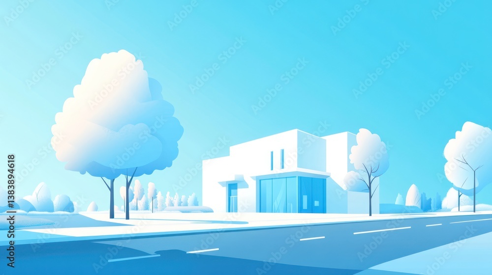 Obraz premium Modern house, winter scene, snowy road, clear sky, real estate