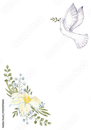 Template with dove of peace, white flowers and green leaves. Watercolor illustartion. Isolated on a white background. For first communion, wedding, baprism greeting card, invitation. Hand drawn