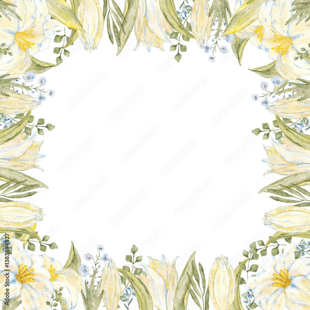 Frame with white and blue flowers and green leaves. Watercolor template. For first communion, wedding, baprism greeting card, invitation. Hand drawn. White lily. Isolated on a white background Frame with white and blue flowers and green leaves. Watercolor template. For first communion, wedding, baprism greeting card, invitation. Hand drawn. White lily. Isolated on a white background