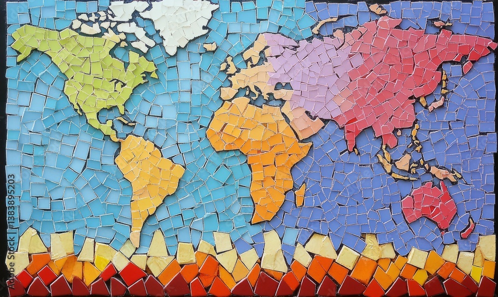 Obraz premium A Colorful Mosaic World Map: A vibrant artistic representation of the continents, crafted from numerous small, colorful tiles.