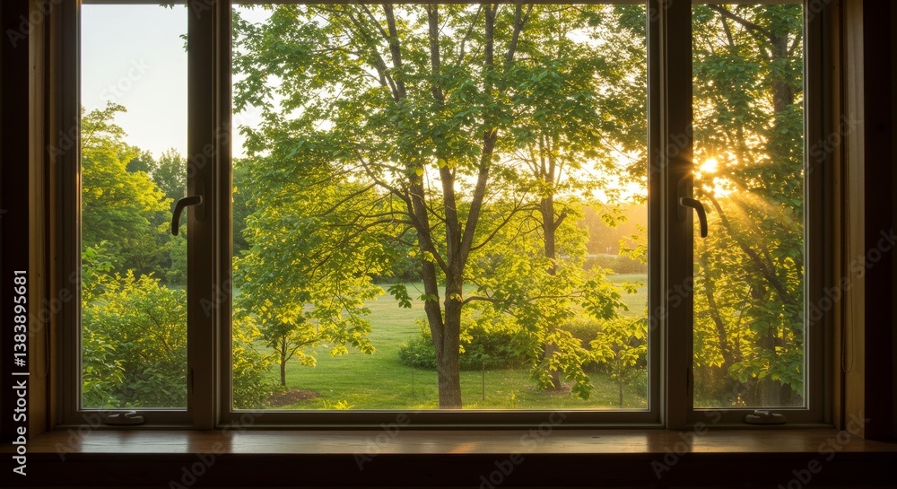 Serene Summer Sunset View - A tranquil scene viewed through a window, showcasing a vibrant summer sunset filtering through lush green trees and a sprawling grassy field Serene Summer Sunset View - A tranquil scene viewed through a window, showcasing a vibrant summer sunset filtering through lush green trees and a sprawling grassy field